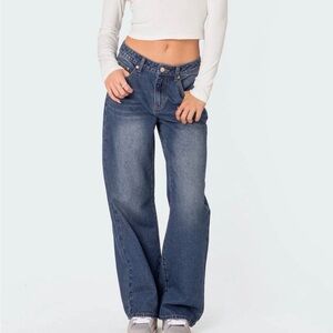 Edikted Wide Leg Mid-Rise Jeans -Dark Blue Size L - Brand New With Tags